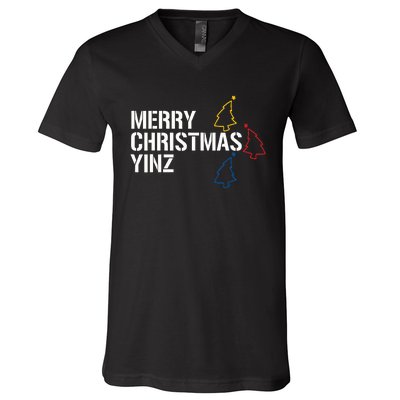 Merry Christmas Yinz with Pittsburgh Christmas Trees Funny V-Neck T-Shirt