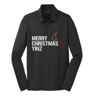 Merry Christmas Yinz with Pittsburgh Christmas Trees Funny Silk Touch Performance Long Sleeve Polo