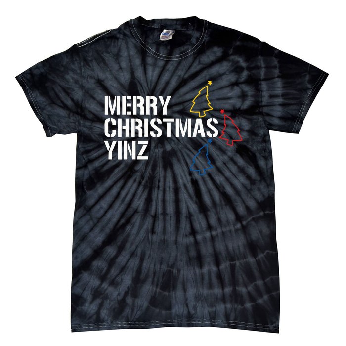 Merry Christmas Yinz with Pittsburgh Christmas Trees Funny Tie-Dye T-Shirt