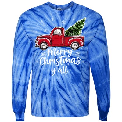 Merry Christmas Yall Great Gift Red Truck Christmas Pajama Xmas Gift Tie-Dye Long Sleeve Shirt