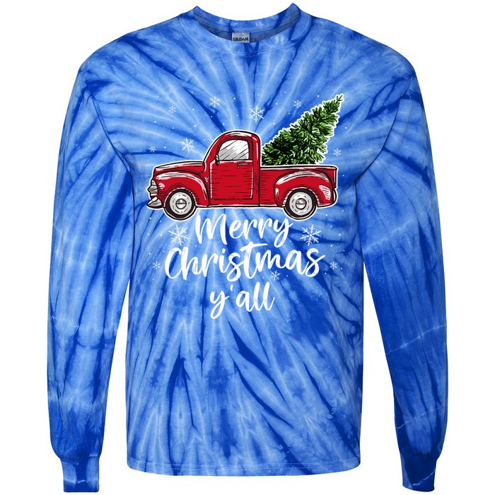 Merry Christmas Yall Great Gift Red Truck Christmas Pajama Xmas Gift Tie-Dye Long Sleeve Shirt