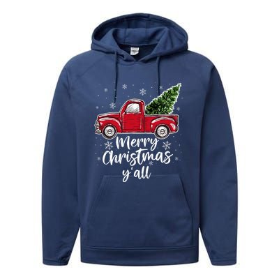 Merry Christmas Yall Great Gift Red Truck Christmas Pajama Xmas Gift Performance Fleece Hoodie