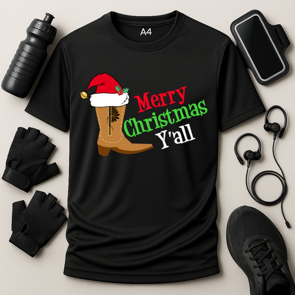 Merry Christmas YAll Funny Texas Cow Holiday Gift Cooling Performance Crew T-Shirt