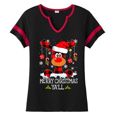 Merry Christmas Ya'll Reindeer Santa Hat Buffalo Red Plaid Funny Gift Ladies Halftime Notch Neck Tee