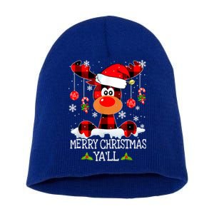 Merry Christmas Ya'll Reindeer Santa Hat Buffalo Red Plaid Funny Gift Short Acrylic Beanie