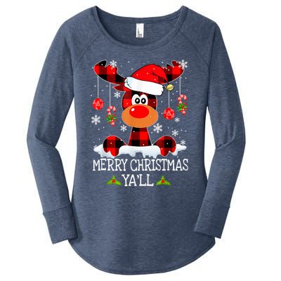 Merry Christmas Ya'll Reindeer Santa Hat Buffalo Red Plaid Funny Gift Women's Perfect Tri Tunic Long Sleeve Shirt