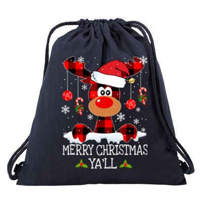 Merry Christmas YaLl Buffalo Red Plaid Reindeer Santa Hat Drawstring Bag