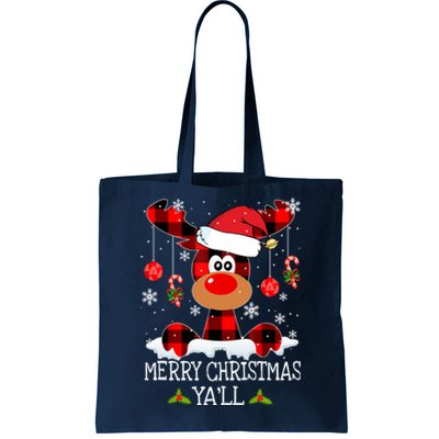 Merry Christmas YaLl Buffalo Red Plaid Reindeer Santa Hat Tote Bag