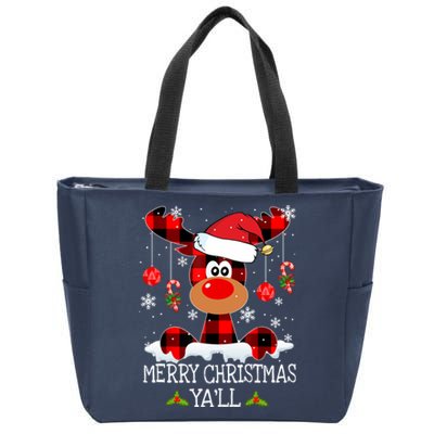 Merry Christmas YaLl Buffalo Red Plaid Reindeer Santa Hat Zip Tote Bag