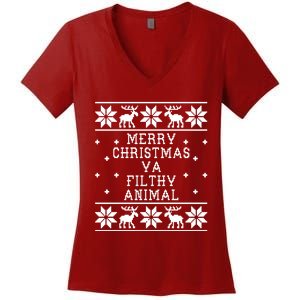 Merry Christmas Ya Filthy Animal Funny Ugly Christmas Women's V-Neck T-Shirt