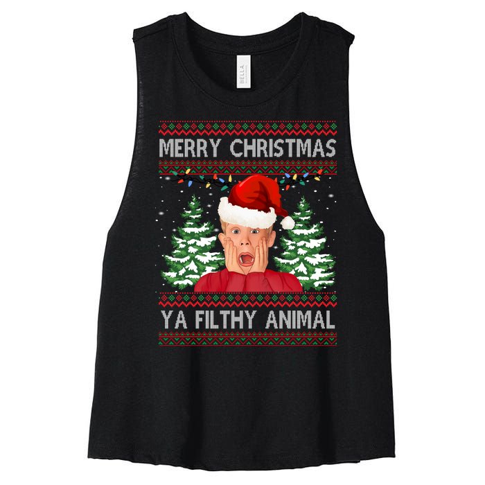 Merry Christmas Ya Filthy Animal Funny Ugly Christmas Women's Racerback Cropped Tank