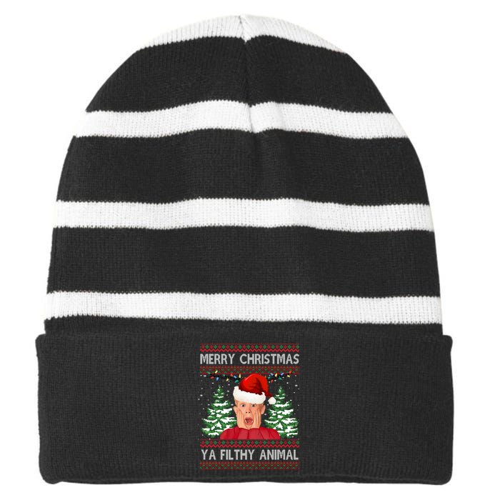 Merry Christmas Ya Filthy Animal Funny Ugly Christmas Striped Beanie with Solid Band