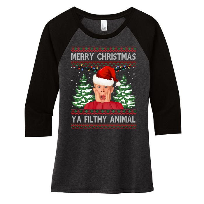 Merry Christmas Ya Filthy Animal Funny Ugly Christmas Women's Tri-Blend 3/4-Sleeve Raglan Shirt