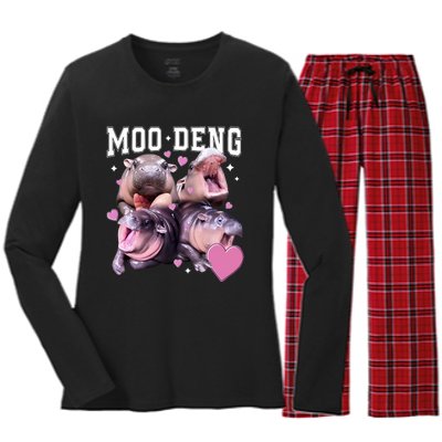 Moo Deng 2024 Cute Retro Heart Moo Deng 2024 Women's Long Sleeve Flannel Pajama Set 