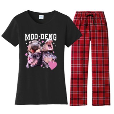 Moo Deng 2024 Cute Retro Heart Moo Deng 2024 Women's Flannel Pajama Set