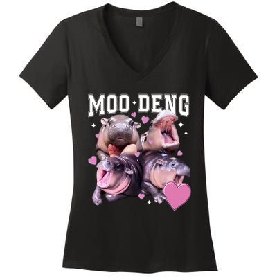 Moo Deng 2024 Cute Retro Heart Moo Deng 2024 Women's V-Neck T-Shirt