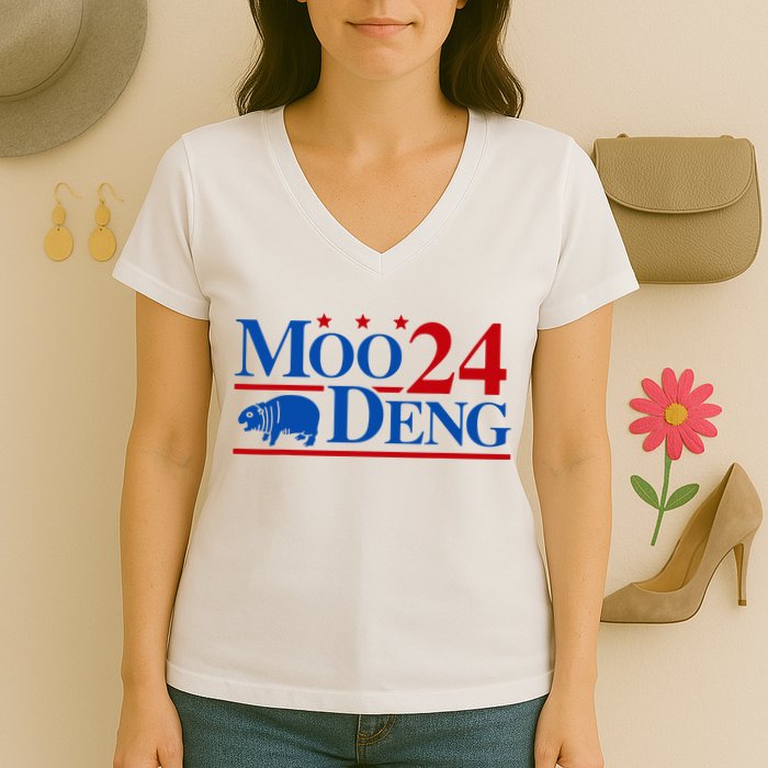 Moo Deng 2024 Cute Pygmy Hippopotamus Hippo Women's V-Neck T-Shirt