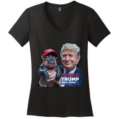 Moo Deng Trump And The HippoS Campaign Journey Women's V-Neck T-Shirt
