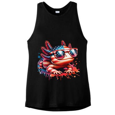 Memorial Day 4th Of July Axolotl Independence Day Usa Flag Ladies PosiCharge Tri-Blend Wicking Tank
