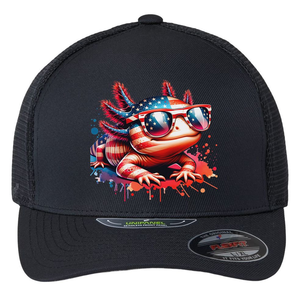 Memorial Day 4th Of July Axolotl Independence Day Usa Flag Flexfit Unipanel Trucker Cap