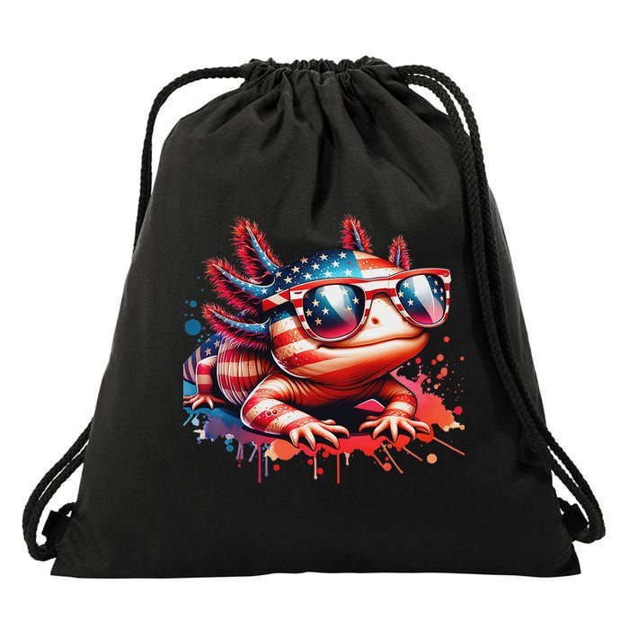 Memorial Day 4th Of July Axolotl Independence Day Usa Flag Drawstring Bag