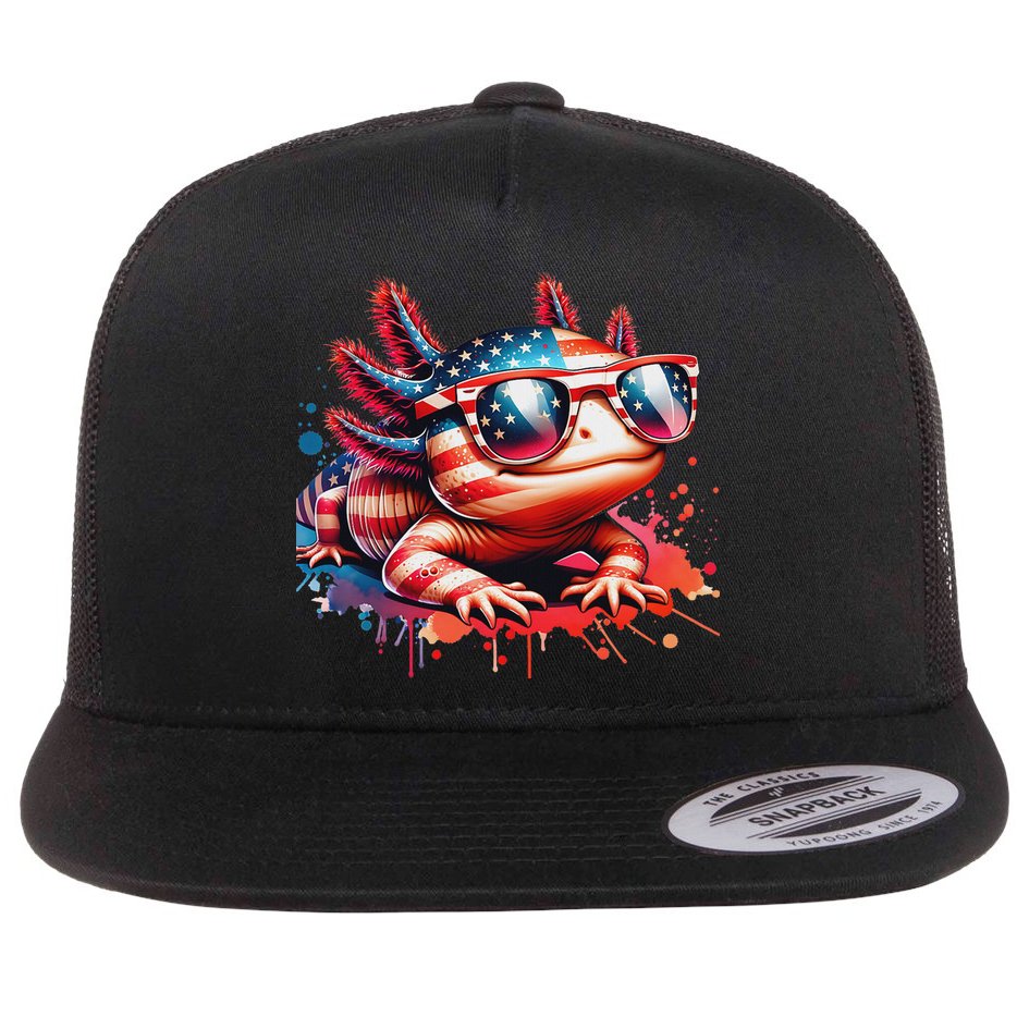 Memorial Day 4th Of July Axolotl Independence Day Usa Flag Flat Bill Trucker Hat