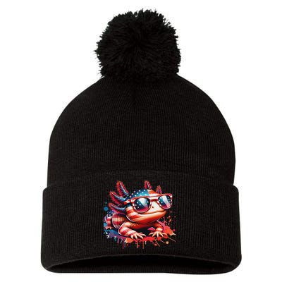 Memorial Day 4th Of July Axolotl Independence Day Usa Flag Pom Pom 12in Knit Beanie