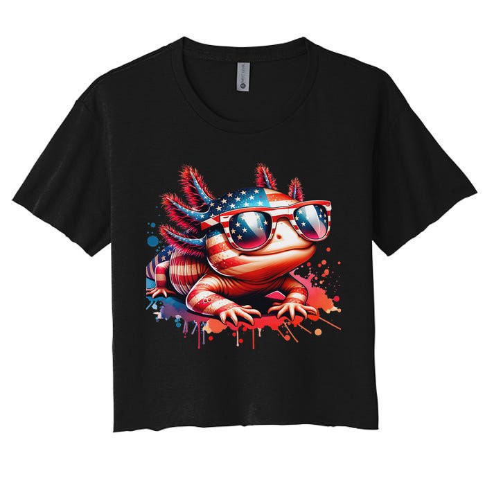 Memorial Day 4th Of July Axolotl Independence Day Usa Flag Women's Crop Top Tee