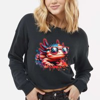 Memorial Day 4th Of July Axolotl Independence Day Usa Flag Cropped Pullover Crew