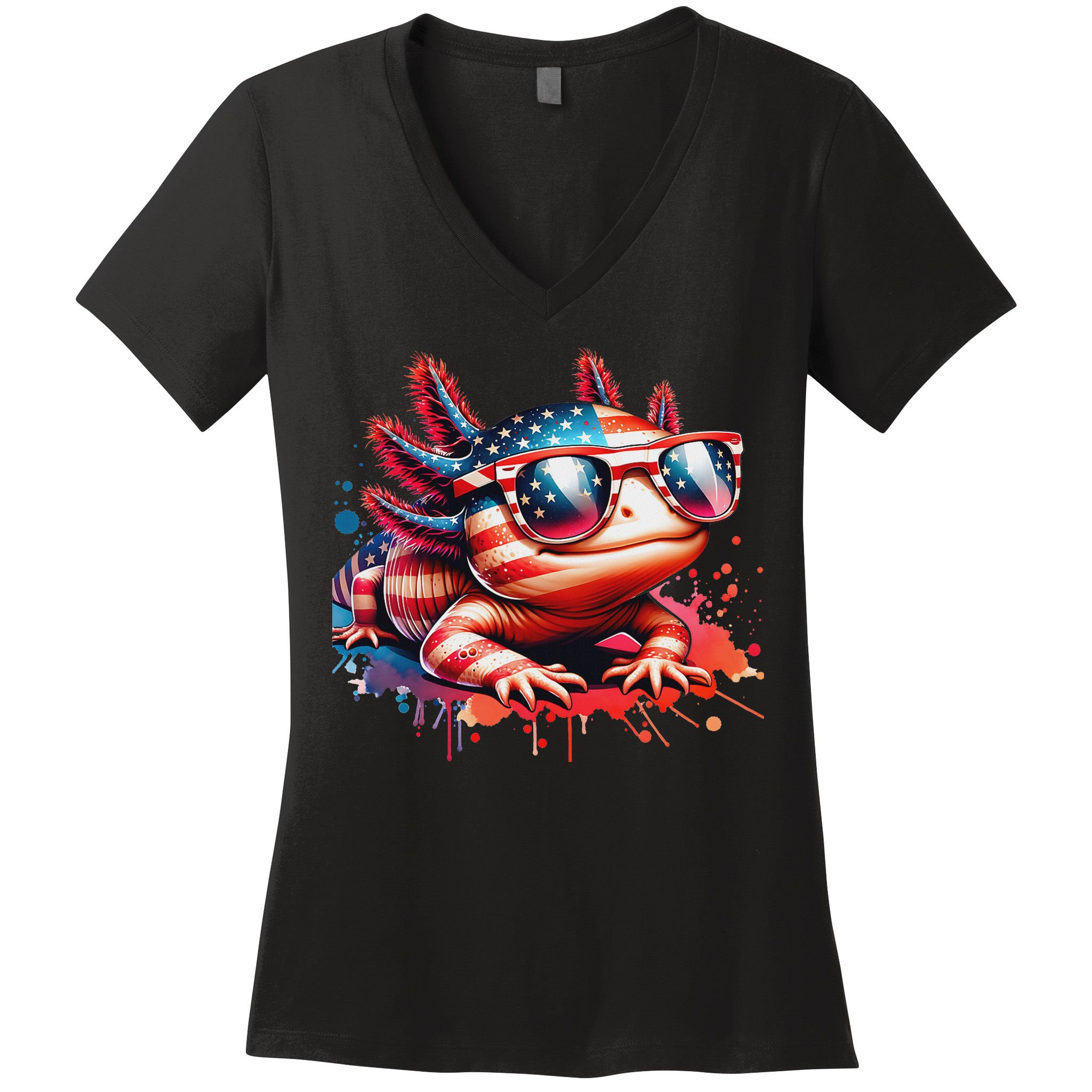 Memorial Day 4th Of July Axolotl Independence Day Usa Flag Women's V-Neck T-Shirt