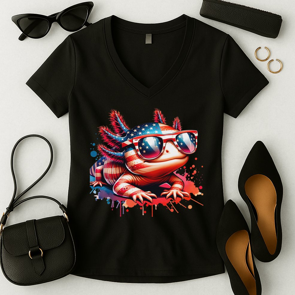 Memorial Day 4th Of July Axolotl Independence Day Usa Flag Women's V-Neck T-Shirt