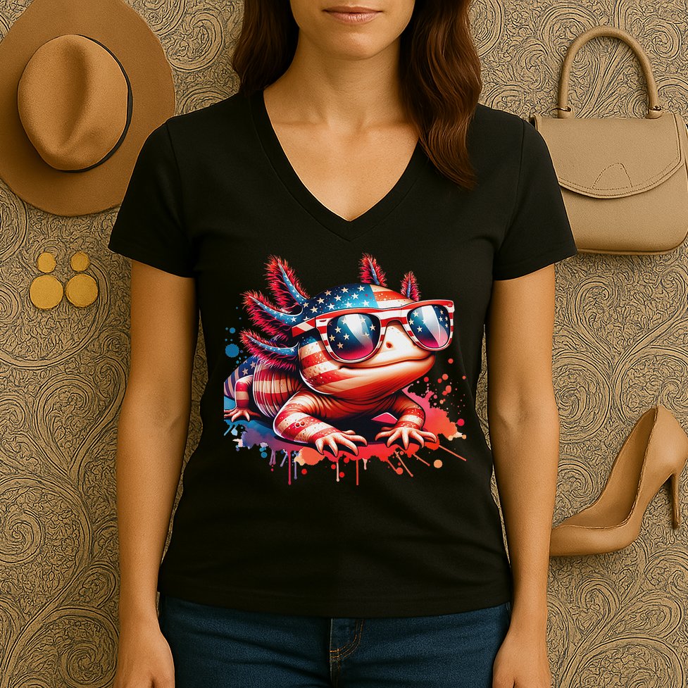 Memorial Day 4th Of July Axolotl Independence Day Usa Flag Women's V-Neck T-Shirt