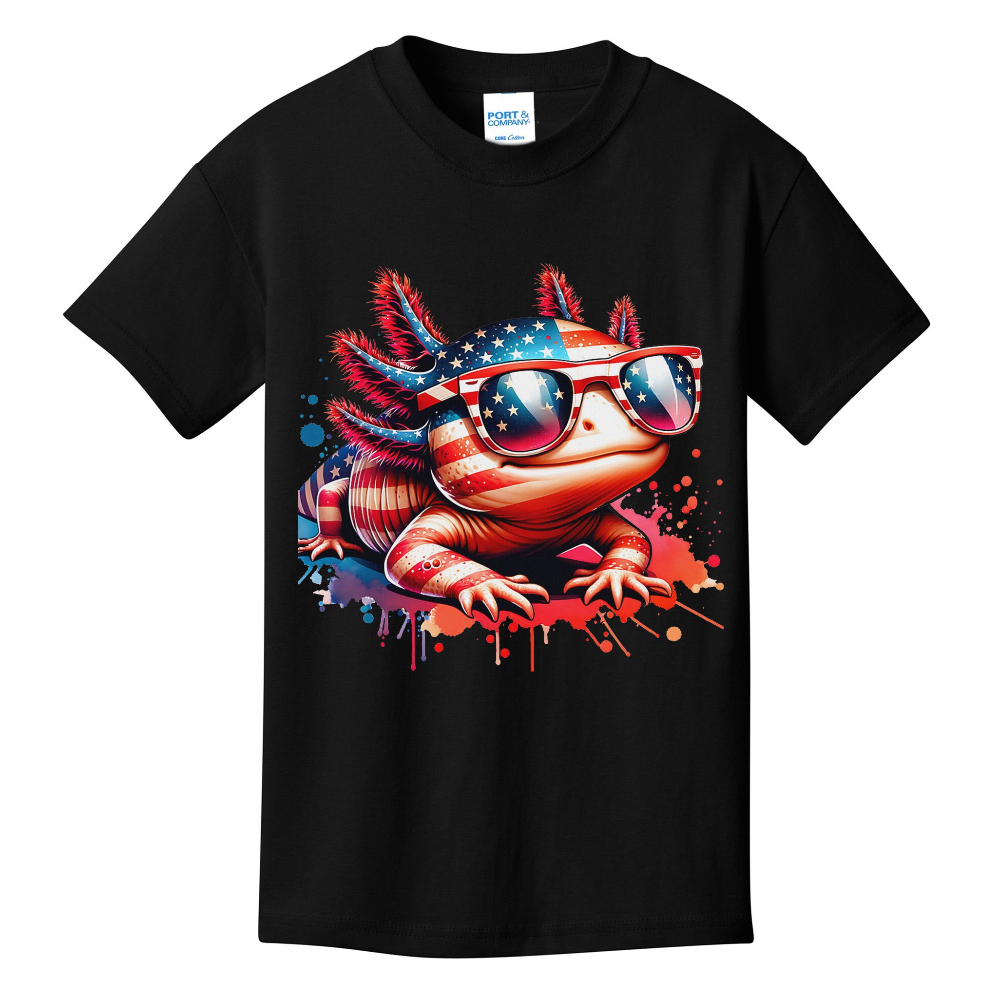 Memorial Day 4th Of July Axolotl Independence Day Usa Flag Kids T-Shirt