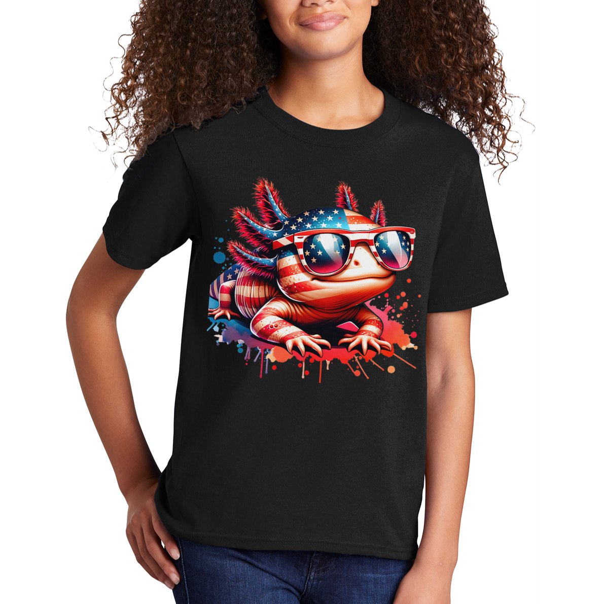 Memorial Day 4th Of July Axolotl Independence Day Usa Flag Kids T-Shirt