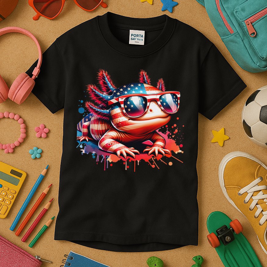 Memorial Day 4th Of July Axolotl Independence Day Usa Flag Kids T-Shirt