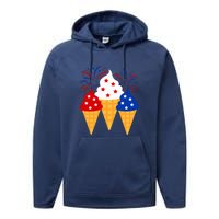 Memorial Day 4th Of July Holiday Patriotic Ice Cream Cones Gift Performance Fleece Hoodie