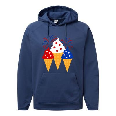 Memorial Day 4th Of July Holiday Patriotic Ice Cream Cones Gift Performance Fleece Hoodie