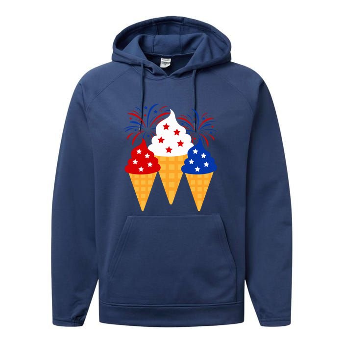 Memorial Day 4th Of July Holiday Patriotic Ice Cream Cones Gift Performance Fleece Hoodie