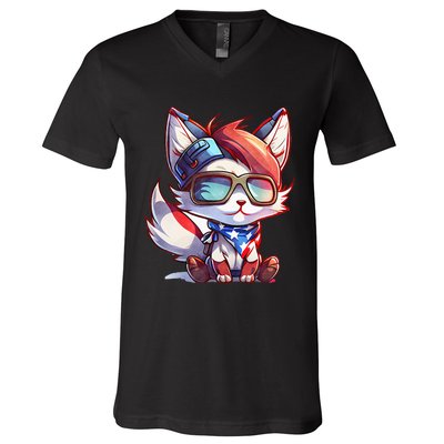 Memorial Day 4th of July patriotic usa flag fox V-Neck T-Shirt