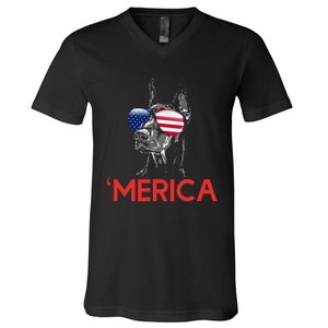 Merica Doberman American Flag 4th of July Dobie V-Neck T-Shirt