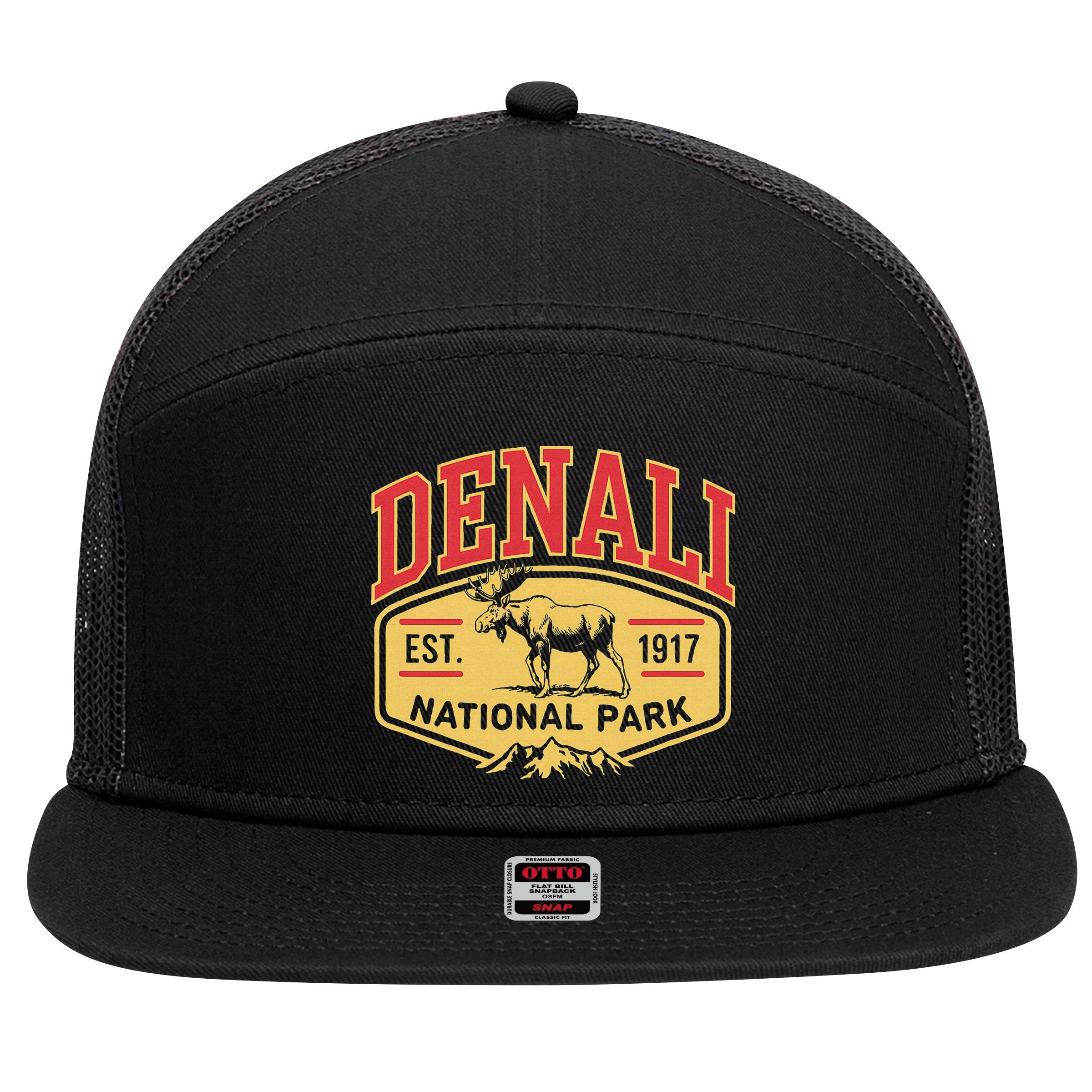 Mount Denali Alaska Mountaineer Climbing National Park 7 Panel Mesh Trucker Snapback Hat
