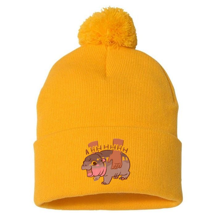 Moo Deng A Hh Hhhh Hippo Funny Pom Pom 12in Knit Beanie