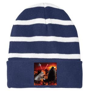 Moo Deng And Pesto Battle Striped Beanie with Solid Band