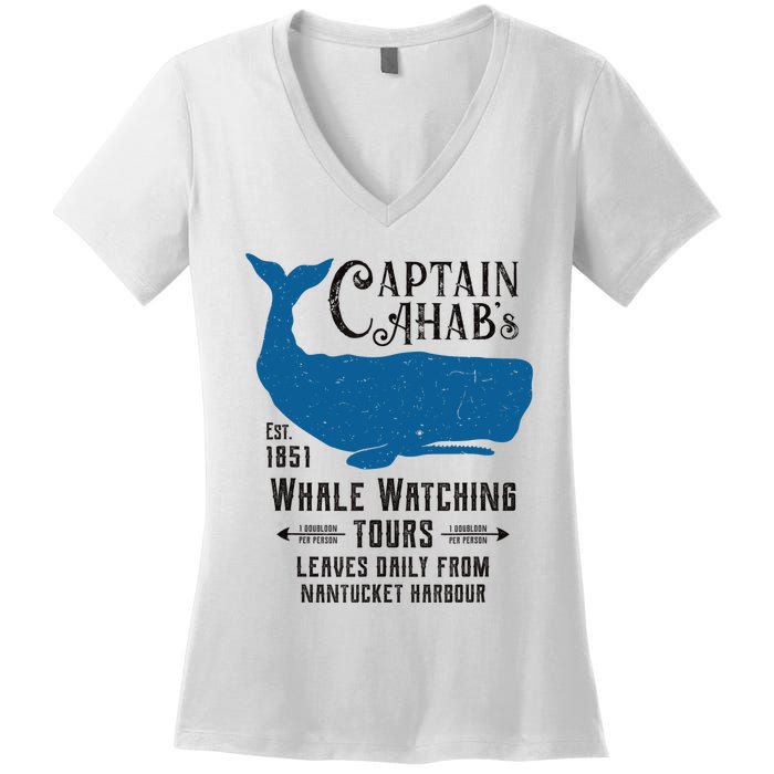 Moby Dick Ahab Whale Watching Vintage Herman Melville Women's V-Neck T-Shirt