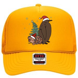 Moo Deng And Pesto Christmas Tree Cute Xmas Hippo High Crown Mesh Back Trucker Hat