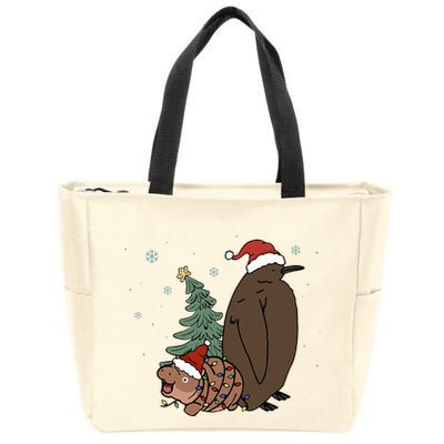 Moo Deng And Pesto Christmas Tree Cute Xmas Hippo Zip Tote Bag