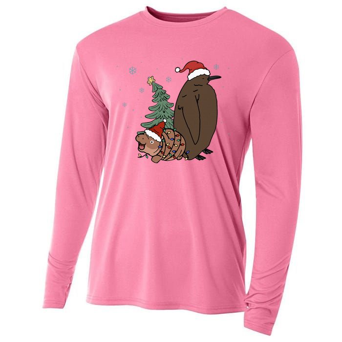 Moo Deng And Pesto Christmas Tree Cute Xmas Hippo Cooling Performance Long Sleeve Crew