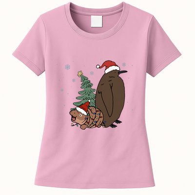 Moo Deng And Pesto Christmas Tree Cute Xmas Hippo Womens T-Shirt