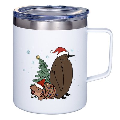 Moo Deng And Pesto Christmas Tree Cute Xmas Hippo 12oz Stainless Steel Coffee Mug
