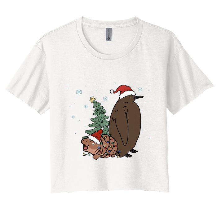 Moo Deng And Pesto Christmas Tree Cute Xmas Hippo Women's Crop Top Tee